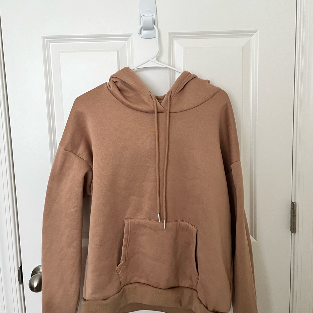 SHEIN Tan Solid Drawstring Pocket Front Hooded Sweatshirt